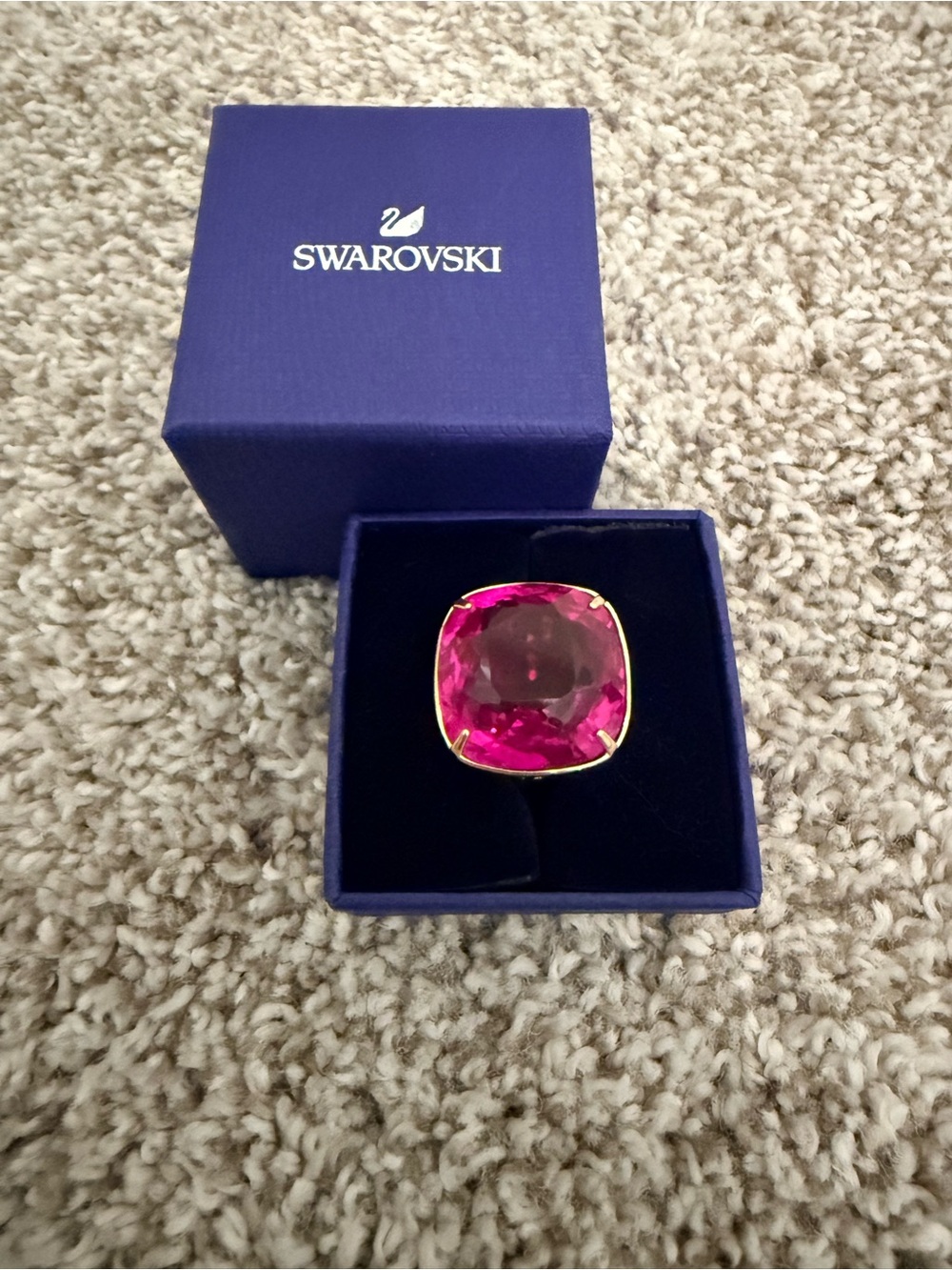 Swarovski Hot Pink Cushion-Cut Crystal Ring in Gold Tone- SZ 6 w/box